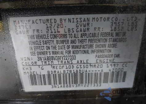 2021 Nissan Sentra S Xtronic Cvt z USA, uszkodzony, nr VIN 3N1AB8BV3MY227333